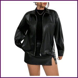 Plus Size PU Leather Motorcycle Jacket Long Sleeve Zip Up Streetwear